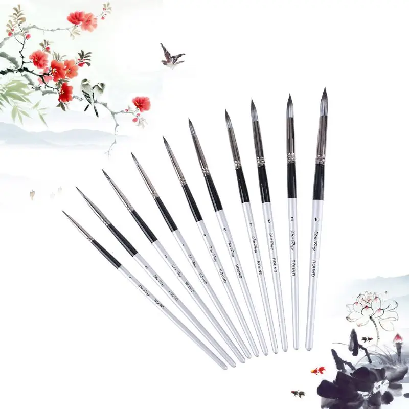 

10 Pcs Nylon Hair Artist Paint Brush Round Point Tip Set Tool Long Handle Supply