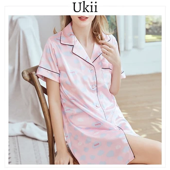 

Ukii Silk Sleepwear Dress Women Long Sleeve Button Spring Mini Nightshirt Pijama Dress With A Pocket Sexy Nightwear For Women