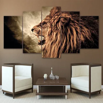 

5 Panel Canvas Art Print Wall Art Howling Lion Paintings For Living Room Wall Poster Home Decor Canvas Painting
