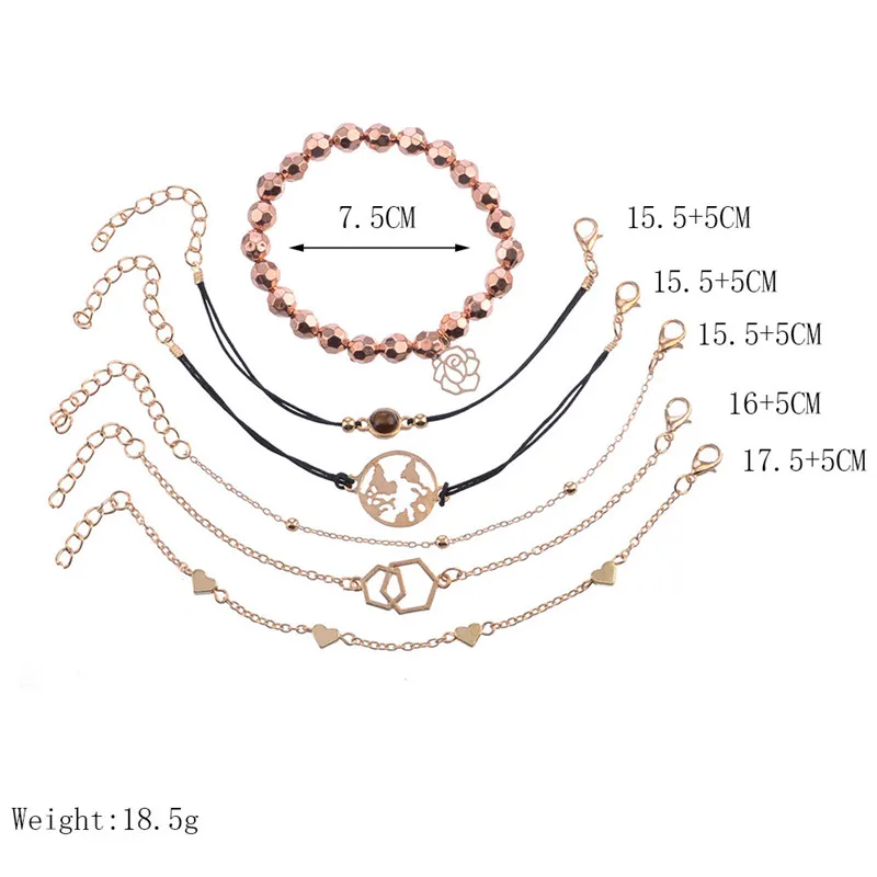 VAGZEB 6 шт./компл. золото Цвет геометрической формы Карта Сердце Браслеты комплект многослойная цепочка браслет с черным камнем для женщин Модные украшения