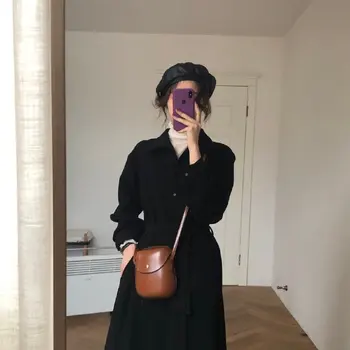 

Heygirl Black Brother Thick Chiffon Lapel Long Money Shirt Skirt Female Waist Slimming Dress 2019 Autumn