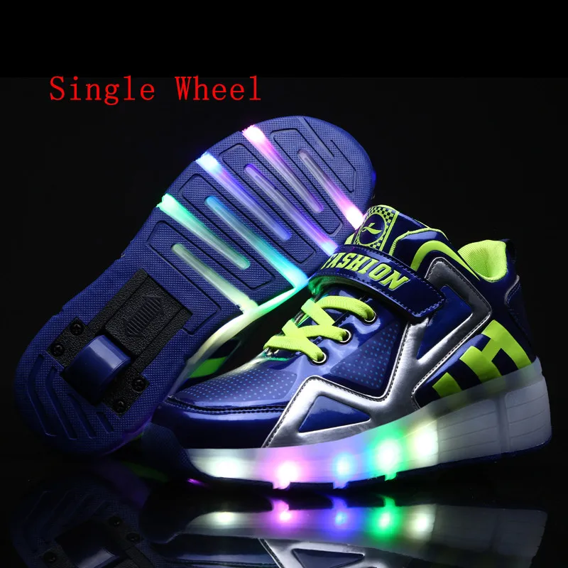 Single-Wheel Blue HYFMWZS/ г. Модные двухколесный светодиодный Heelys обувь дышащая детская обувь съемные детские тонкие Ролики 30-40 - Цвет: Single-Wheel Blue