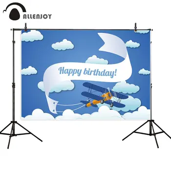 

Allenjoy Boy Birthday Banners Blue Sky Aircraft Clouds Cartoon Photozone Curtains Kid Party Celebration Activity Backdrops Cloth
