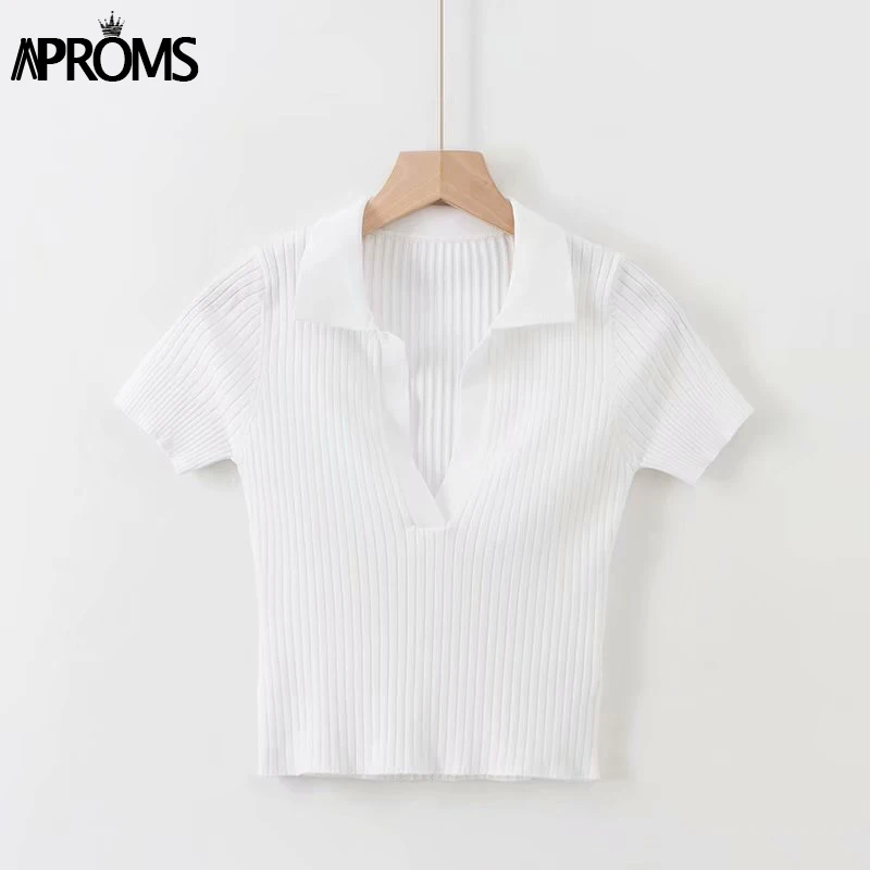 Aproms модная базовая укороченная Футболка женская повседневная трикотажная футболка с отложным воротником Винтажный Зеленый укороченный топ Женская футболка - Цвет: Белый