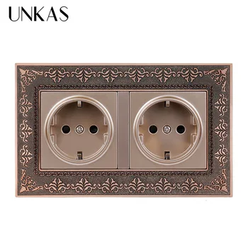 

UNKAS 16A Russia Spain Double EU Standard Power Socket 4D Embossing Retro Zinc Alloy Metal Panel Wall Electrical Outlet 146mm*86