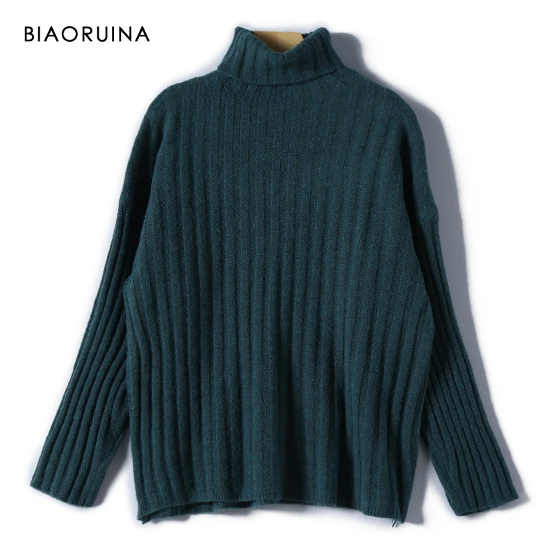 

BIAORUINA Women's Casual 4 Colors Solid Vertical Stripes Knitted Turtleneck Sweater One Size Fashion Loose Thick Warm Pullovers