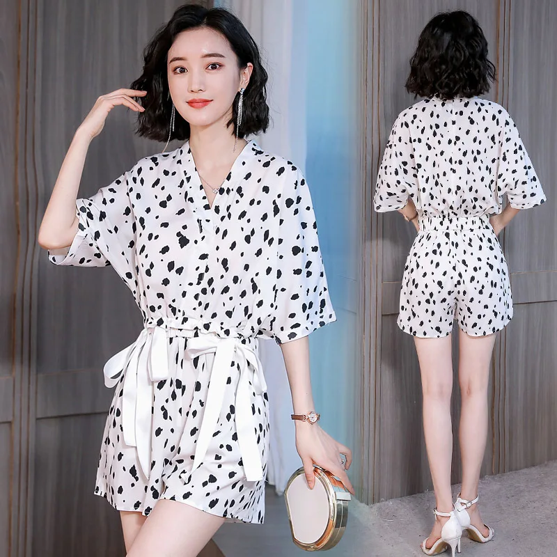 

Hipster Gentle Wind Polka Dot V-neck Chiffon Drawstring Dress Summer Holiday Set Onesie