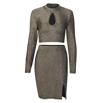 

Drip Collar Long Sleeve Two-Piece Set With Sexy Vintage Slit Hollow Out Slim-Fitting Crop Button Suit Split Shiny Fashion Skirt