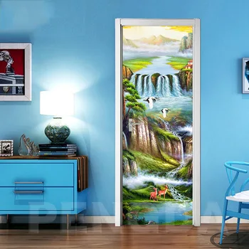 

Self Adhesive Decal 3D Print Sticker Elk Waterfall Landscape Picture Home Decor For Cabinet Door Waterproof Art Removable Poster