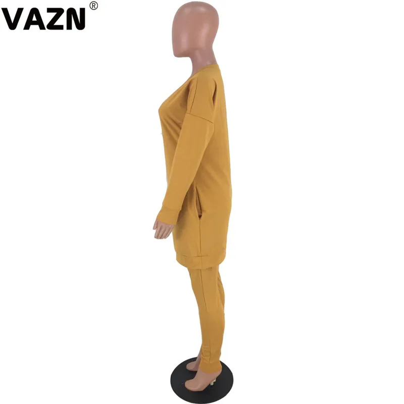 VAZN AWN5072 шикарный дизайн Осенняя сексуальная леди 3 цвета длинный набор полный рукав v-образным вырезом карманы сплошной набор леди случайные популярные наборы