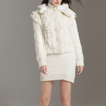 

Long Sleeve White Color 2019 Autumn Winter Women 2 Piece Knit Suit New Tassel Knit Short Hooded Coat +Mini Skirt High Street