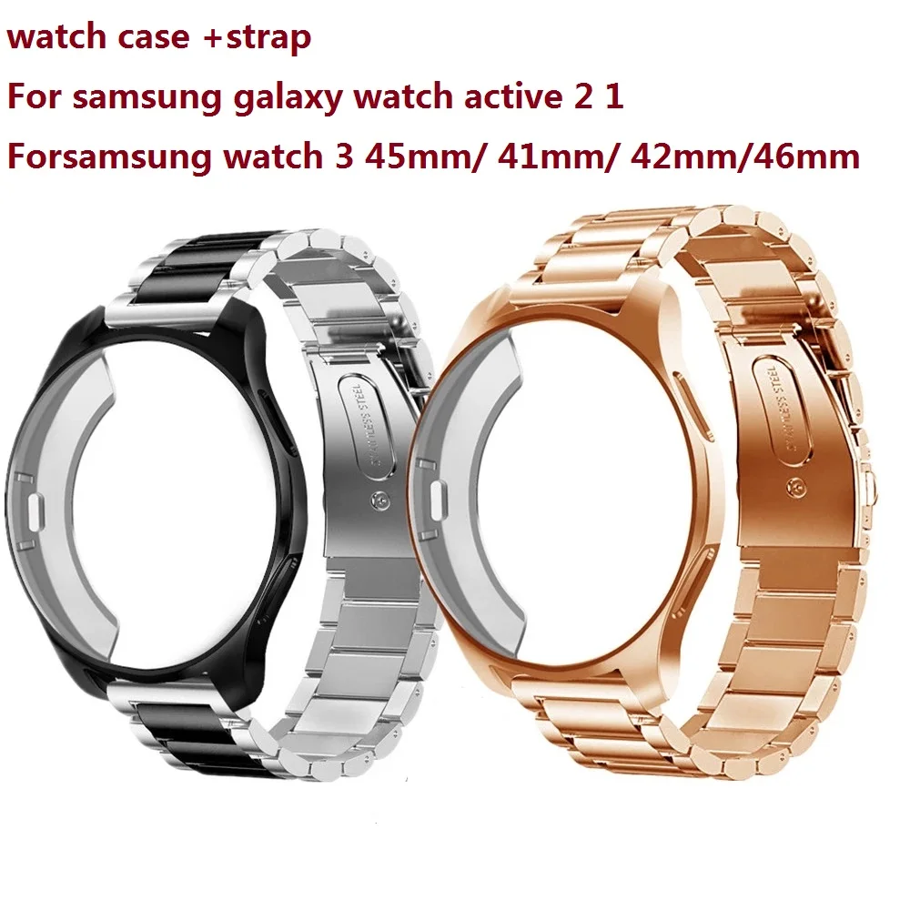 Kov strap+protective pouzdro pro Samsung galaxy hodinky 42mm 46mm SM-R800 SM-R810 růže zlato kov řemen pás