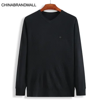 

2020 Autumn Men V Collar Sweater Fat Man Plus Fat Plus Size Solid Color Knitting Shirt Middle Age Leisure Backing Shirt