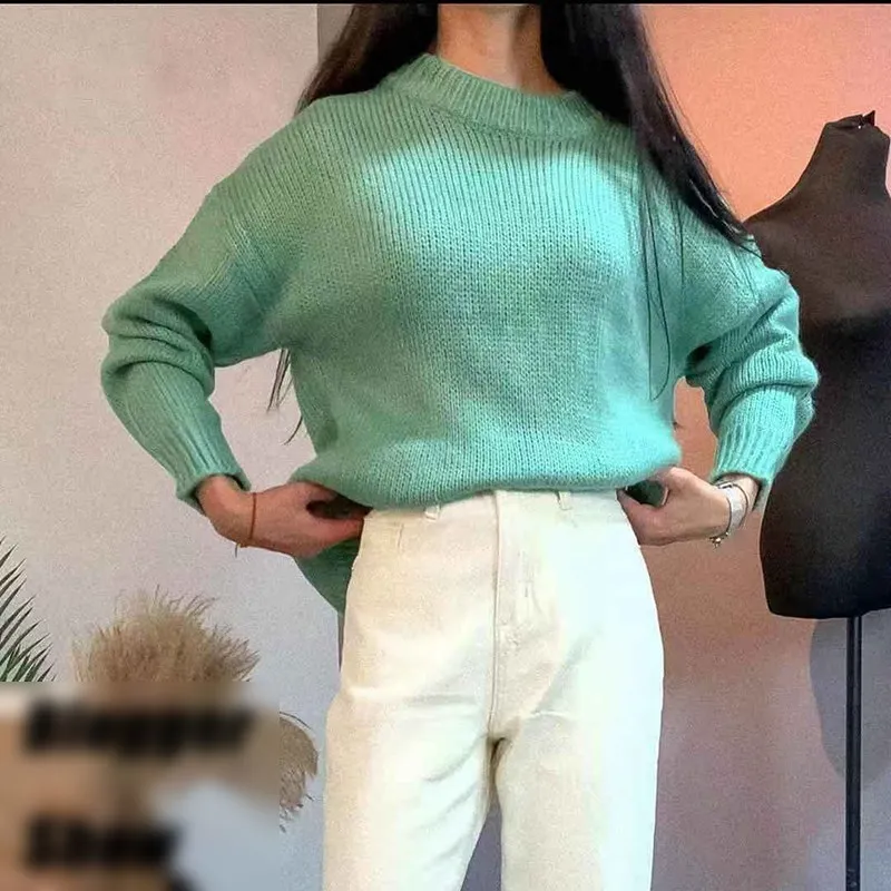 Женский осенний зеленый Повседневный пуловер, свитер большого размера с круглым вырезом, вязаный свитер, одноцветные вязаные топы, корейский модный свитер