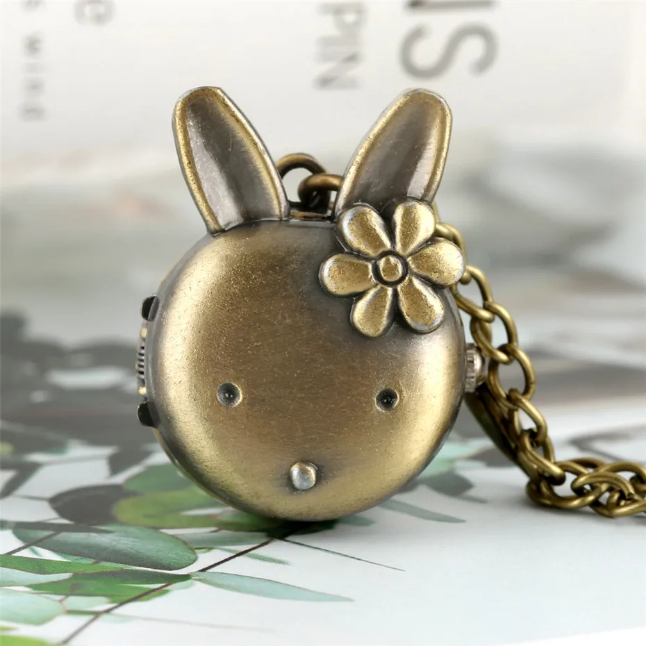 

Little Size Rabbit Head Design Quartz Pocket Watch Lovely Girls Pendant Clock with 80 cm Fob Sweater Chain