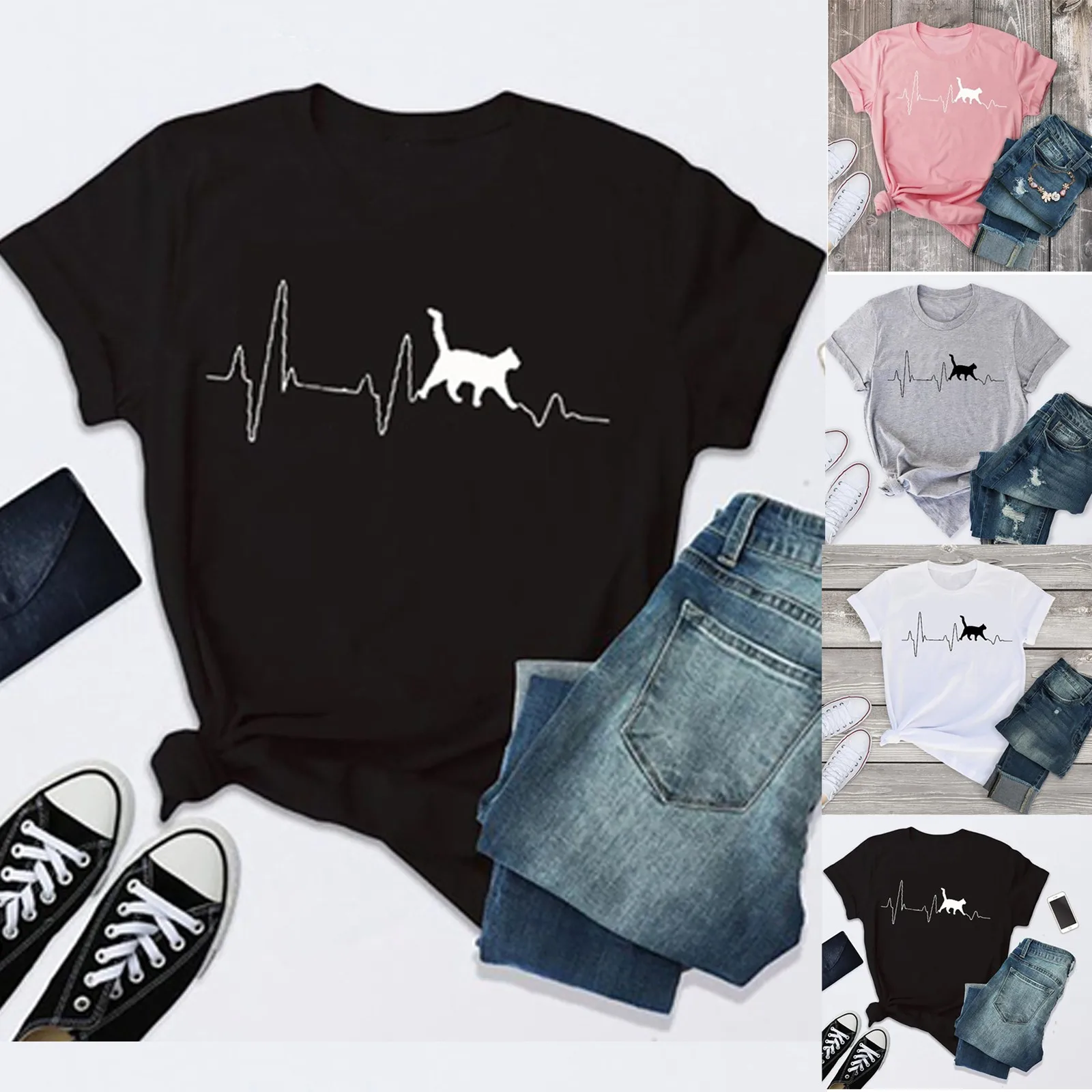 Мужские и женские Футболки модные Свободные повседневные черные топы с коротким