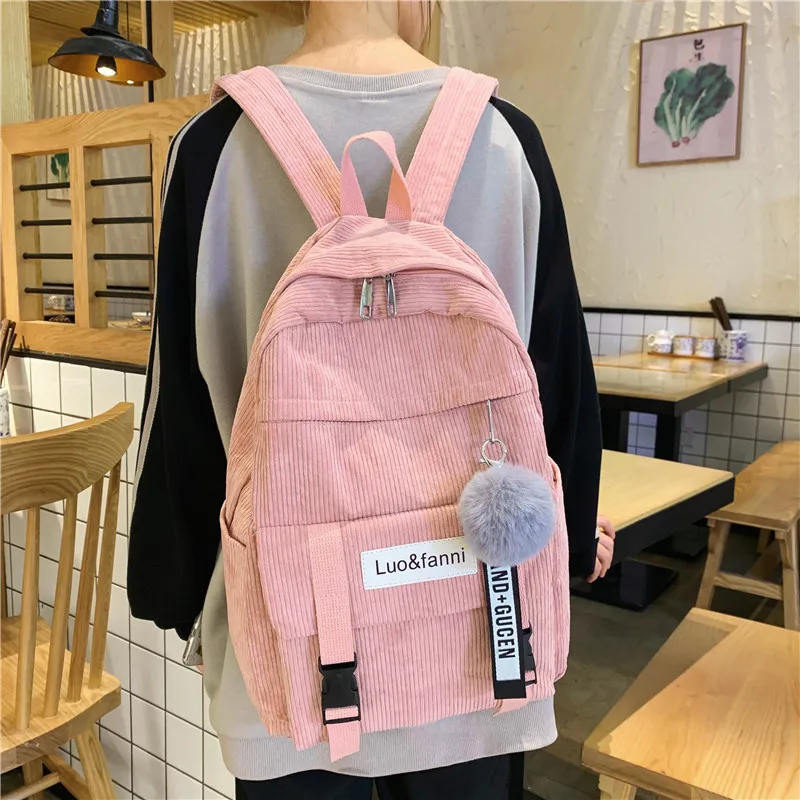 

2019 Winter New Style Corduroy Backpack Simple Solid Color Furry Ball Backpack Students Corduroy School Bag Women's High School