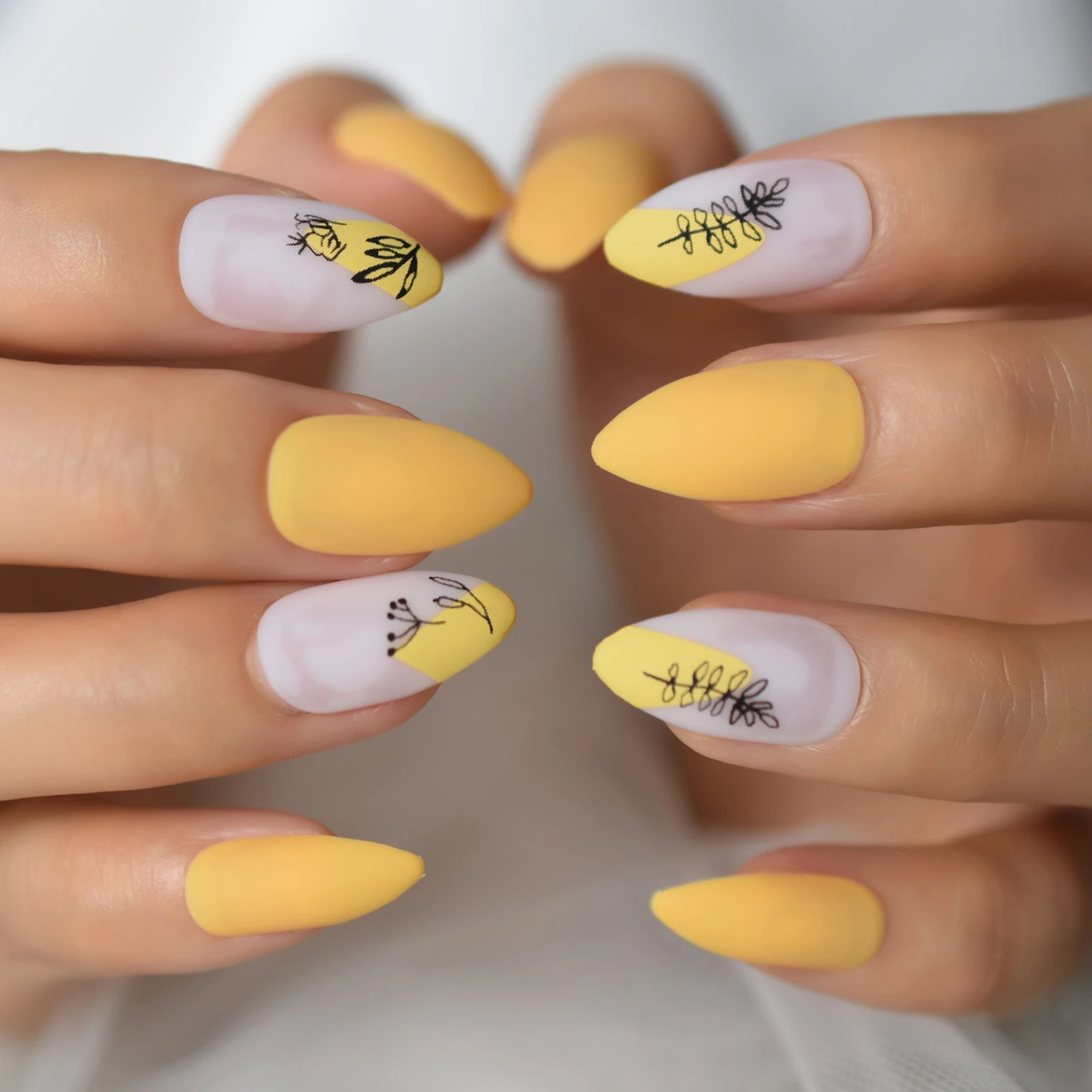 Nude Matte Press On Nails With Designs Leaves Branch Medium Short Length  Fake Nails Mango Yellow Full Cover Artificial Nail Tips - False Nails -  AliExpress