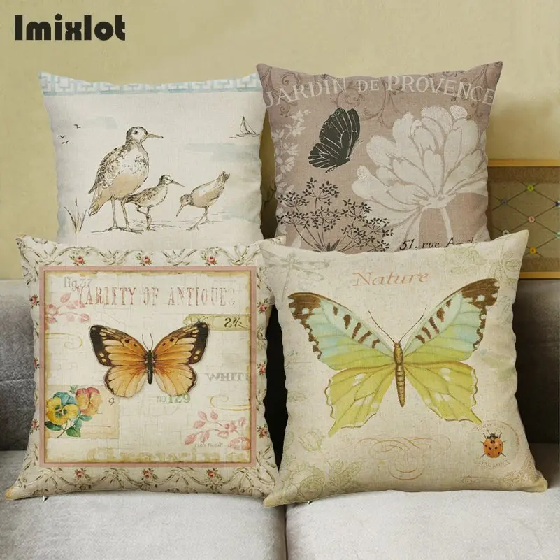 Cute Bird Cushion Coves Cotton Linen Bee Butterfly Printed Throw Pillow Pillowcase for Home Decor Sofa Chair Bedroom Decorative