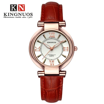 

KINGNUOS Quartz Watches Women Red Gold Brand Ladies Simple Casual Leather Strap Waterproof Roman Numerals Luminous Wristwatch