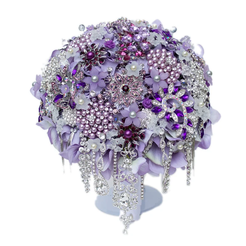 EillyRosia Violet Purple Jewelry Bouquet Bride Heavy Expensive Luxury Lavender Lilac Wedding Bouquet de mariage Blue Flowers