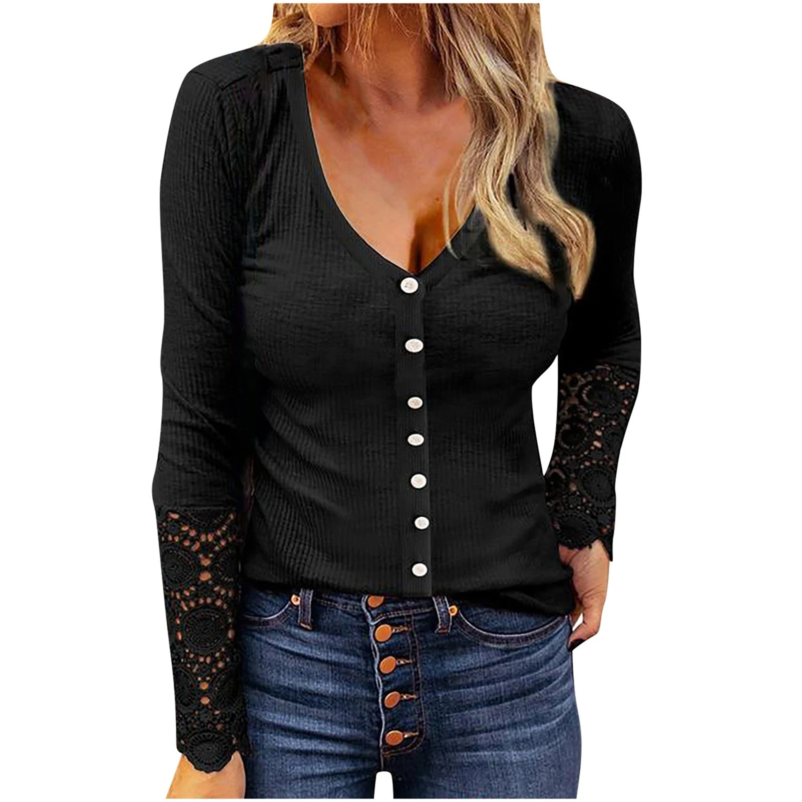 Blusas ajustadas informales para blusas de manga larga con botones y cuello en V, ropa de encaje mujer 2021|Camisa| - AliExpress