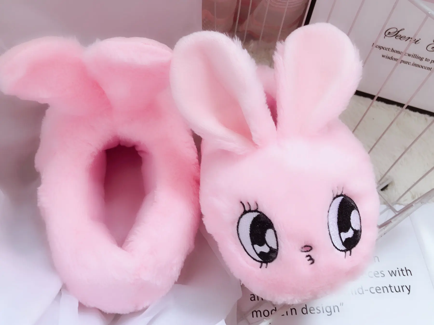 Millffy/милые розовые Тапочки с кроликом и серым кроликом; плюшевые тапочки с рисунками животных; женские зимние теплые домашние тапочки с кроликом