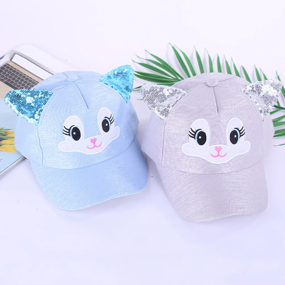Soft Sequin Adjustable Girls Skin Friendly Embroidery Outdoor Baseball Caps Cute Cat Ears Breathable Children Sun Hat Summer