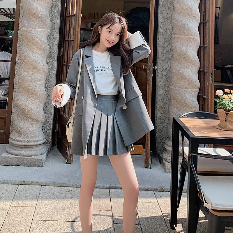 

Photo Shoot Spring Summer Korean-style Loose-Fit College Style Small Suit Coat Pleated Skirt Two-Piece Set Women's British-Style