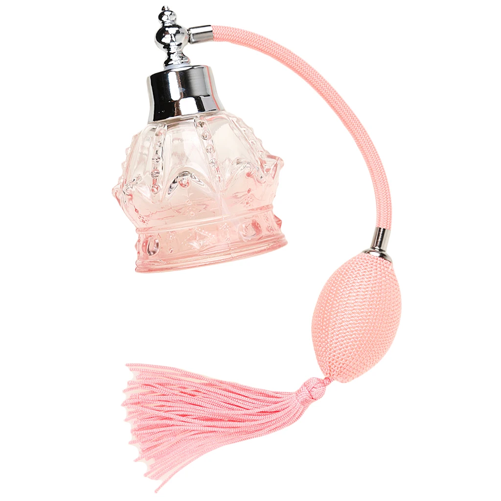 Vintage Crystal Perfume Bottle Long Bulb Tassel Spray Atomizer 100ml - Pink