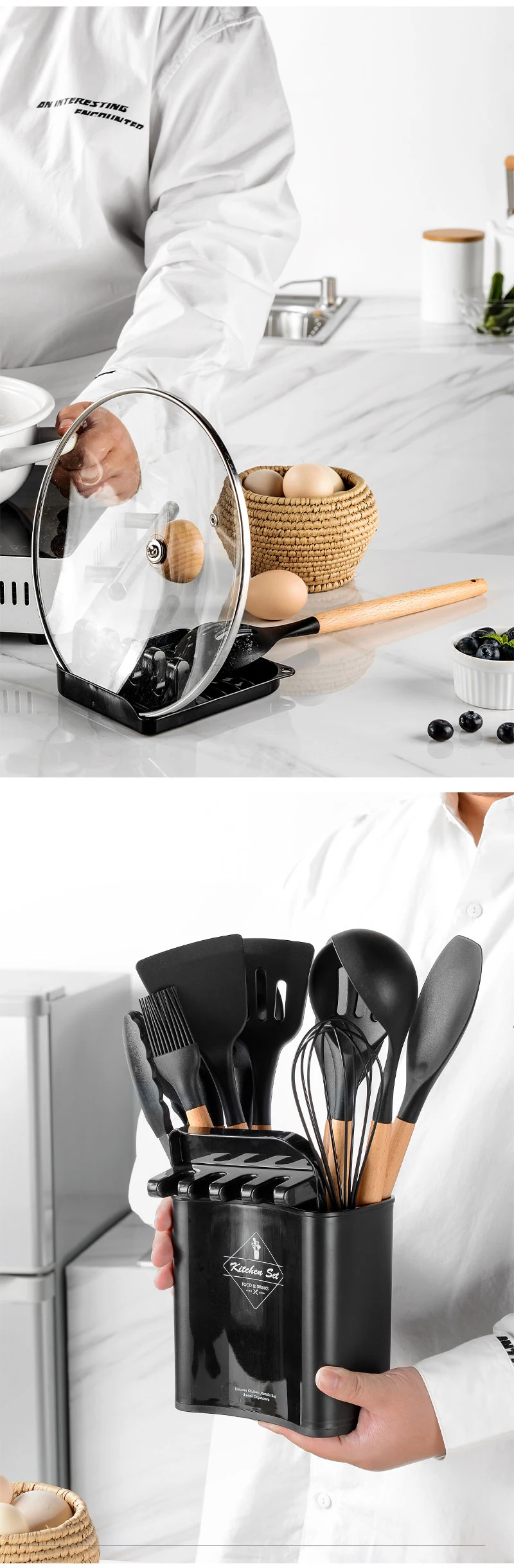 Silicone Cooking Utensils Set Non-Stick Spatula Shovel Wooden Handle Cooking Tools Set With Storage Box Kitchen Tool Accessories