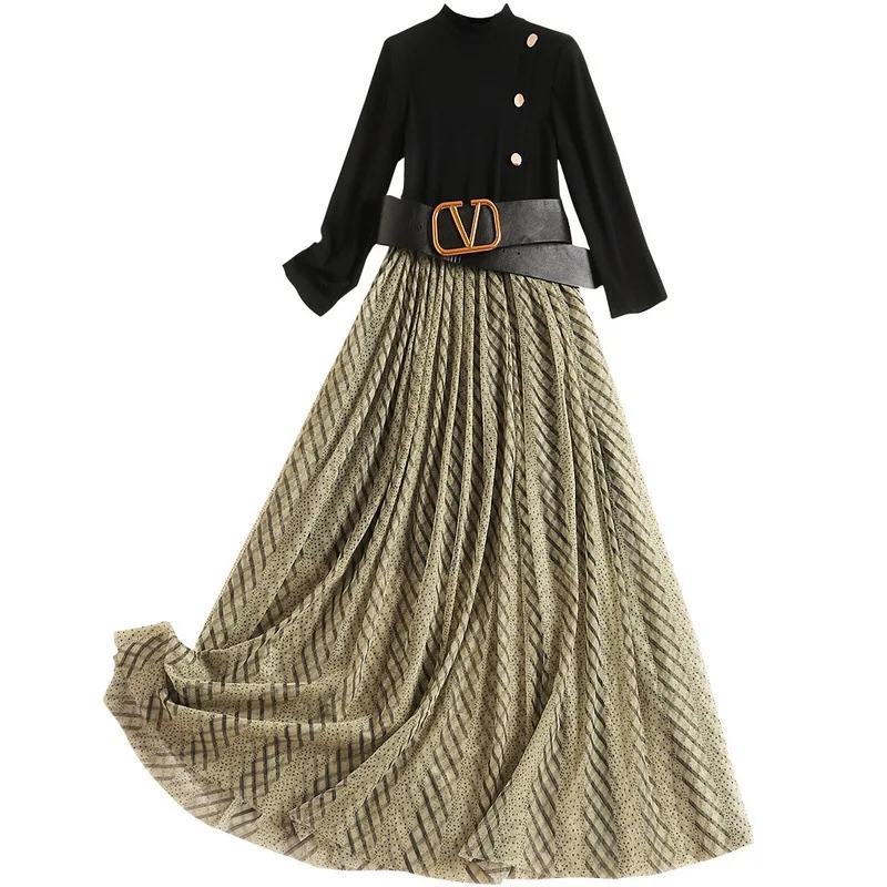 

High-end Geometric Print Pleated Long Dress 2019 Women Long Sleeve Mesh Patchwork Maxi Dress Spring Runway Dress