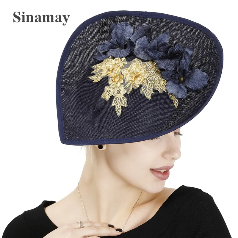 

Formal Dresss Chuch Navy Fascinator Big Hat Derby Women Wedding Headpiece With Flower Bridal Show Race Church Millinery Caps