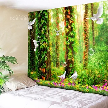 

Boho Floral Nature Forest Tapestry Wall Hanging Green Tree Decoration Home Decor Wall Cloth Psychedelic Tapestries Mandala Art