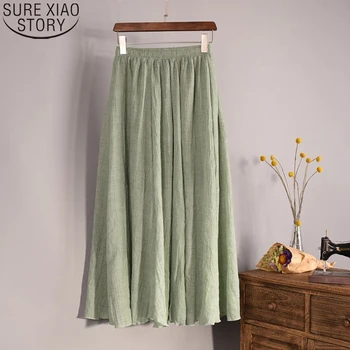 

Maxi Long Skirt Vintage Women Spring Summer Elastic Waist Cotton Linen Solid Pleated Long Skirts Girl Boho Beach Skirt 9956