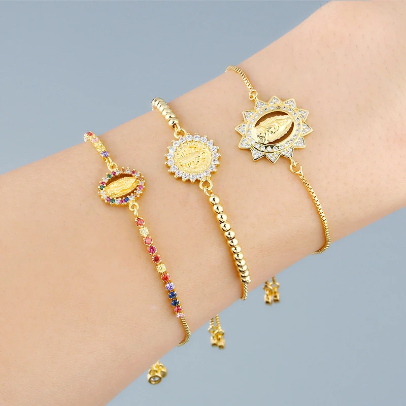 virgen de guadalupe Cadena oro virgen, pulseras María para mujer, Zirconia cúbica, colgante de pulsera de cristal, dije redondo ajustable, joyería cristiana brtc44|Pulseras de - AliExpress