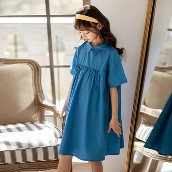 

YourSeason New 2020 Teenager Girls Loose Leisure Dresses Cotton Brief Baby Children Summer Bow Dress Clothes Turn Down Collar