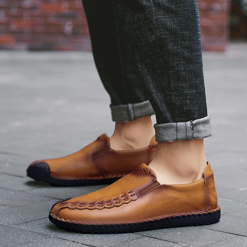 Soft Leather Men Loafers New Handmade Casual Shoes Men Moccasins for Men Split Leather Flat Shoes Big Size
