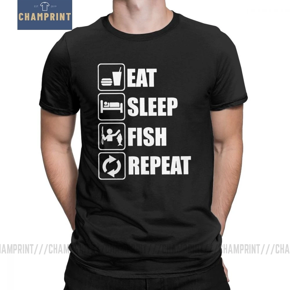 Футболка мужская с надписью Eat Sleep Fish Repeat забавная тенниска из чистого хлопка