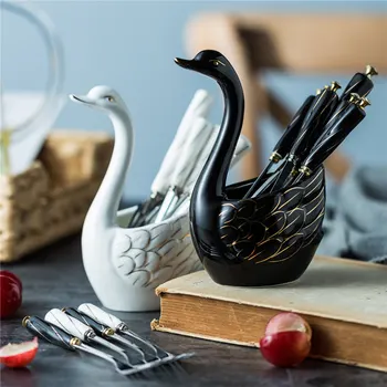 

6PCS Fruits Forks Spoons Kit Swan Ceramic Dessert Forks Dinnerware Set