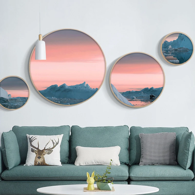 Modular Print Pictures Canvas Nordic Style Poster Mountain Sunset Landscape Wall Art Round Painting For Living Room Home Decor | Дом и сад