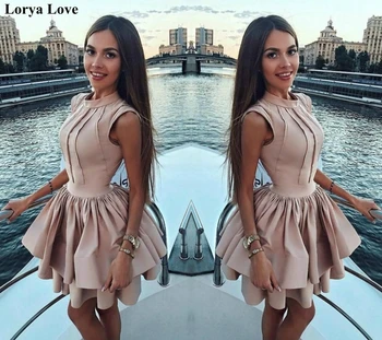

Champagne Cocktail Dresses 2020 Short Prom Dress Satin Ruffles Homecoming Gown Women Formal Party Night Elegant Graduation Dress