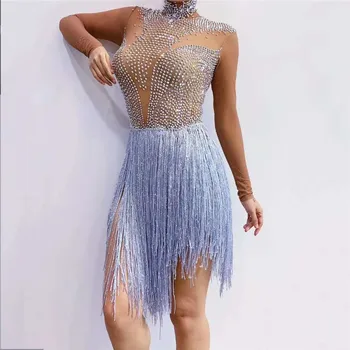 

R44 Party singer stage dance tassel dress mesh rhinestones bodysuit crystal siamese sexy women perform jumpsuit diamonds outfit