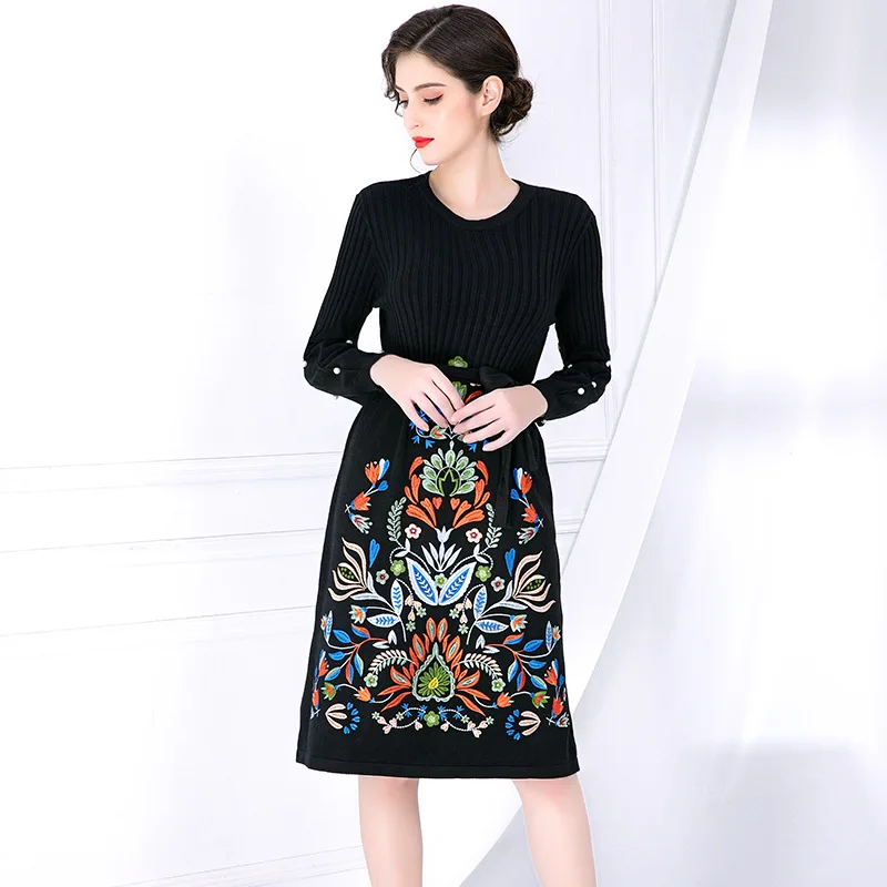 

VERDEJULIAY Runway Autumn Knitted Dress 2020 Winter Fashion Lantern Sleeve Elastic Pearls Flower Embroidery Loose Dress Women