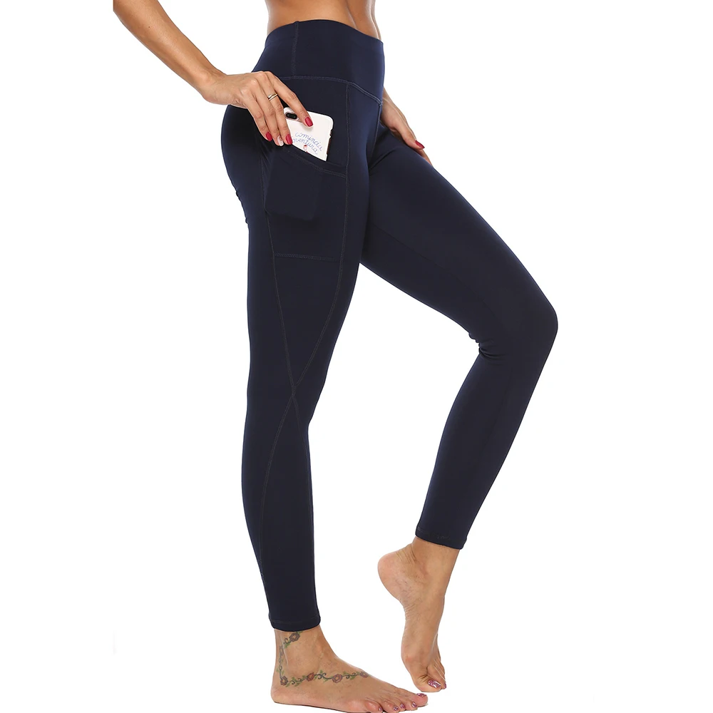 Pocket Solid Sport Yoga Pants High Waist Solid color Sport Leggings Fitness Women Leggings Training Running Pants Sportswear - Color: Dark Blue