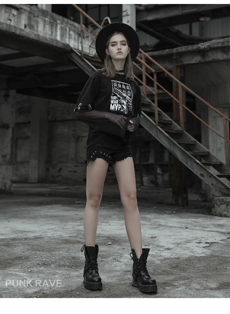 Панк RAVE Girl's Gothic Printed свободная черная футболка со съемными рукавами Harajuku женская футболка Забавные футболки уличная одежда