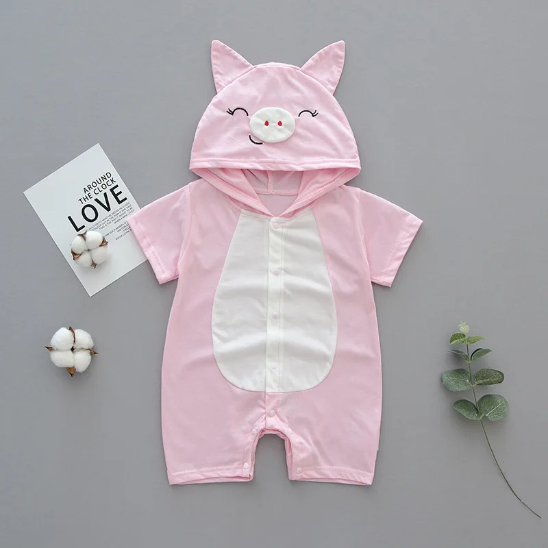 Летние хлопковые детские ползунки с дизайном «животные», Одежда для новорожденных, комбинезон, костюм, комбинезоны, 11,11 для 0 мес.-12 месяцев, дешевые вещи для младенцев - Цвет: pink pig