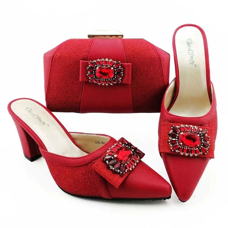 

Red Italian shoes matching bag with low heel 3.5 inches lady slippers shoes and clutches with many rhinestones SB8425-8