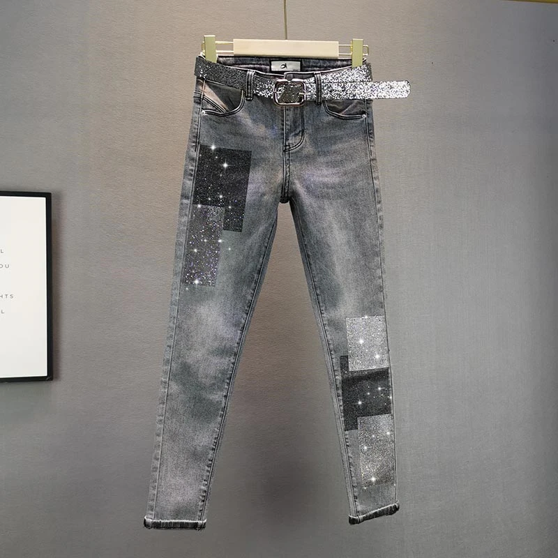 

Smoke Black Grey Jeans for Woman Female Summer New European Elastic Slim High Waist Thin Diamond Hot Drill Denim Pencil Pants