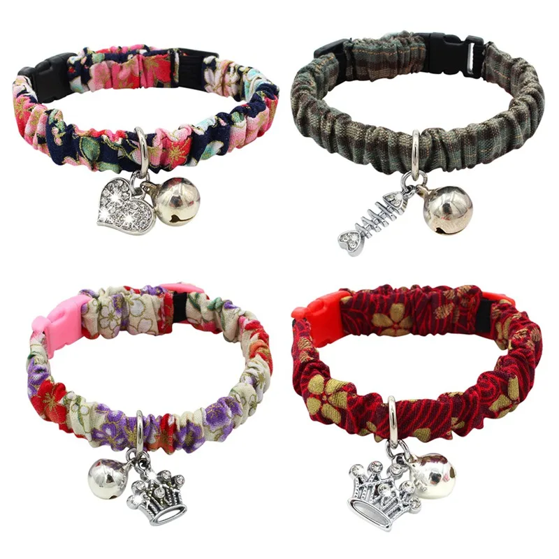 

Pet Cloth Craft Collar for Cats and Small Dogs with Wrinkle Flowers Printed Design and Bells Adopting the Insert Buckle Design
